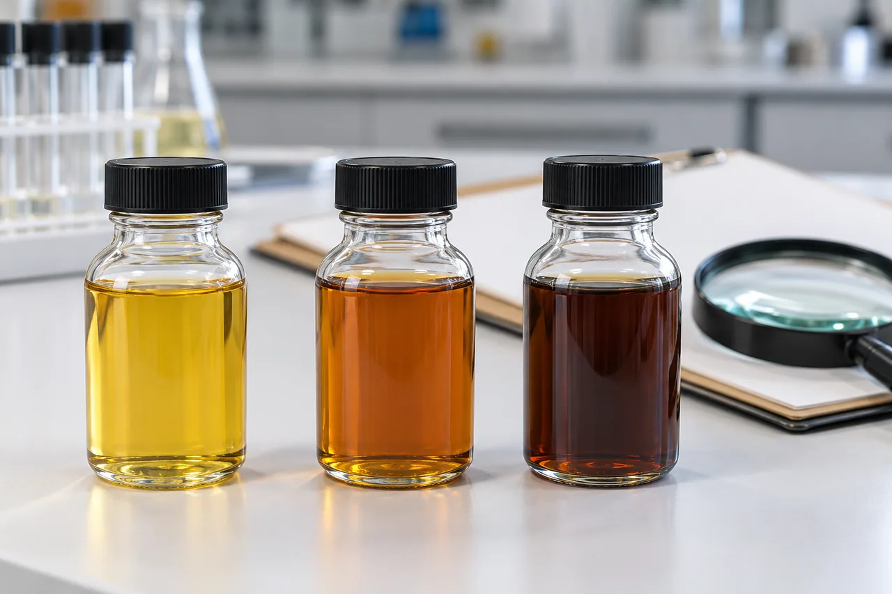 Frascos de muestras de aceite junto a una carpeta para registrar su identificación.