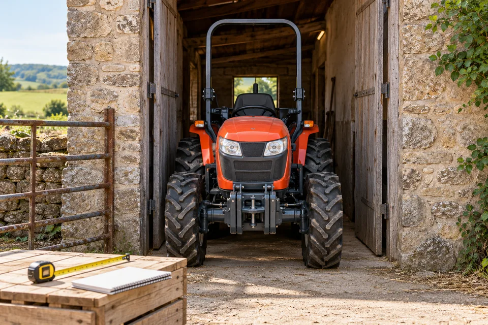Tractor frente a un acceso y herramientas de medición, ilustración editorial.