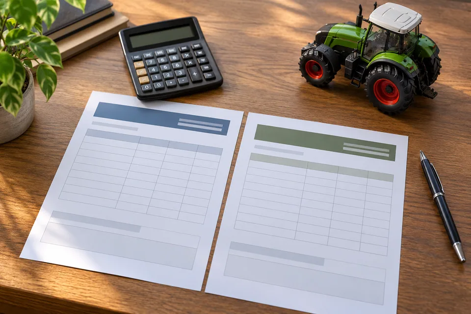 Dos hojas de presupuesto, calculadora y modelo de tractor para comparar ofertas.