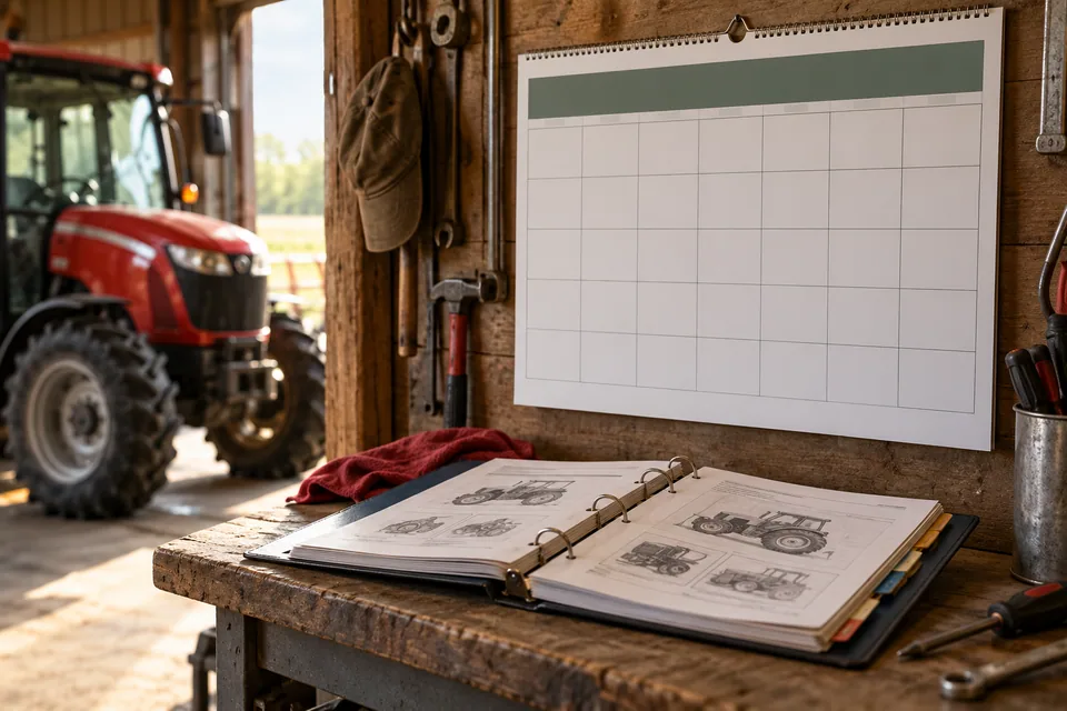 Calendario y cuaderno de mantenimiento en un taller agrícola.