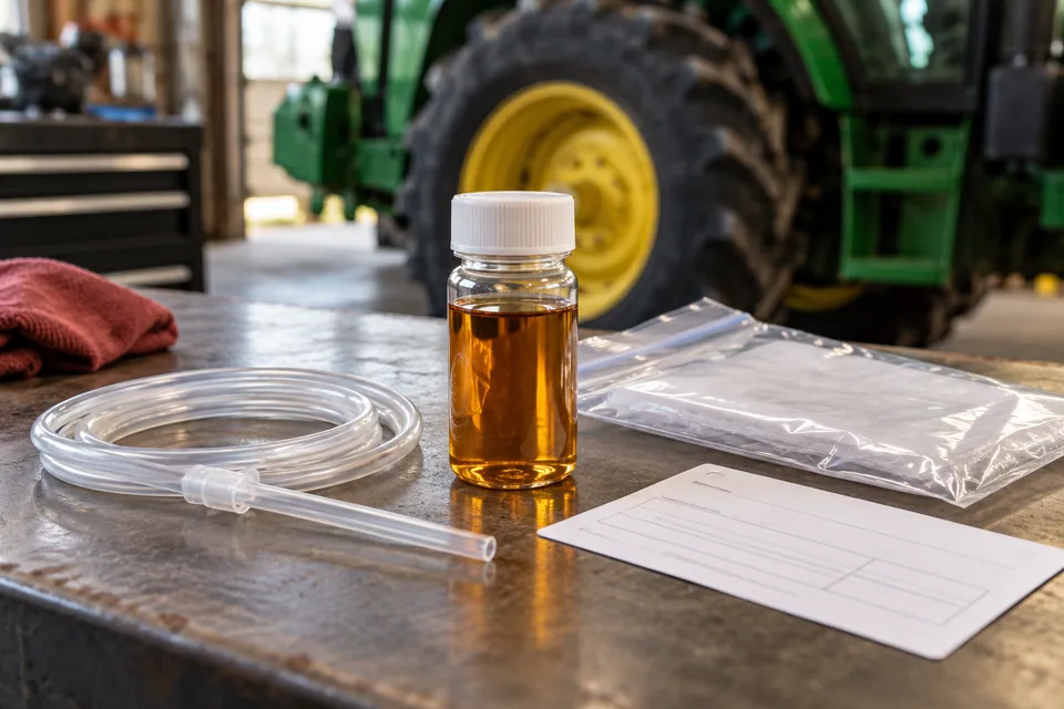 Kit de análisis con botella de muestra cerrada, tubo y ficha sin datos reales.