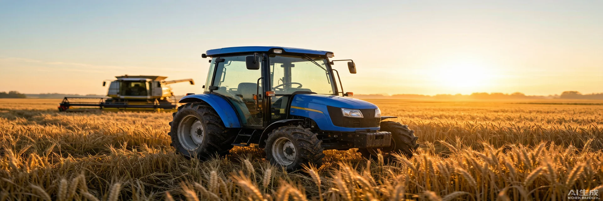 Tractor compacto en campo de trigo al amanecer
