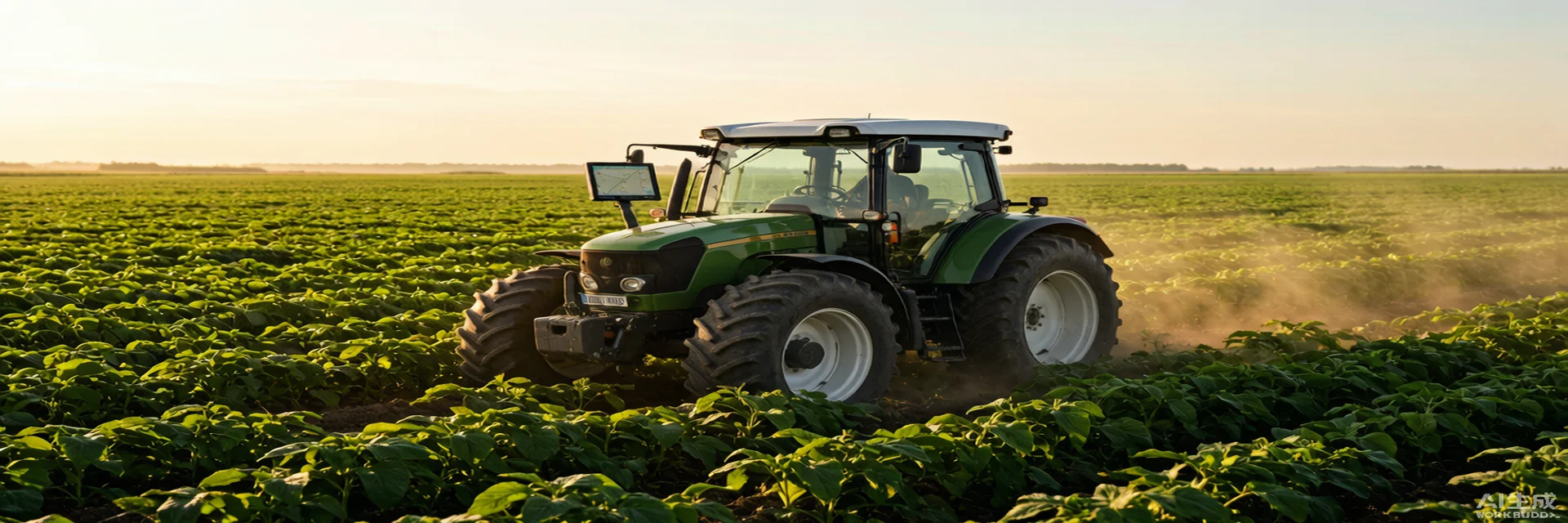 Tractor moderno con pantalla de guiado GPS en campo verde a la hora dorada