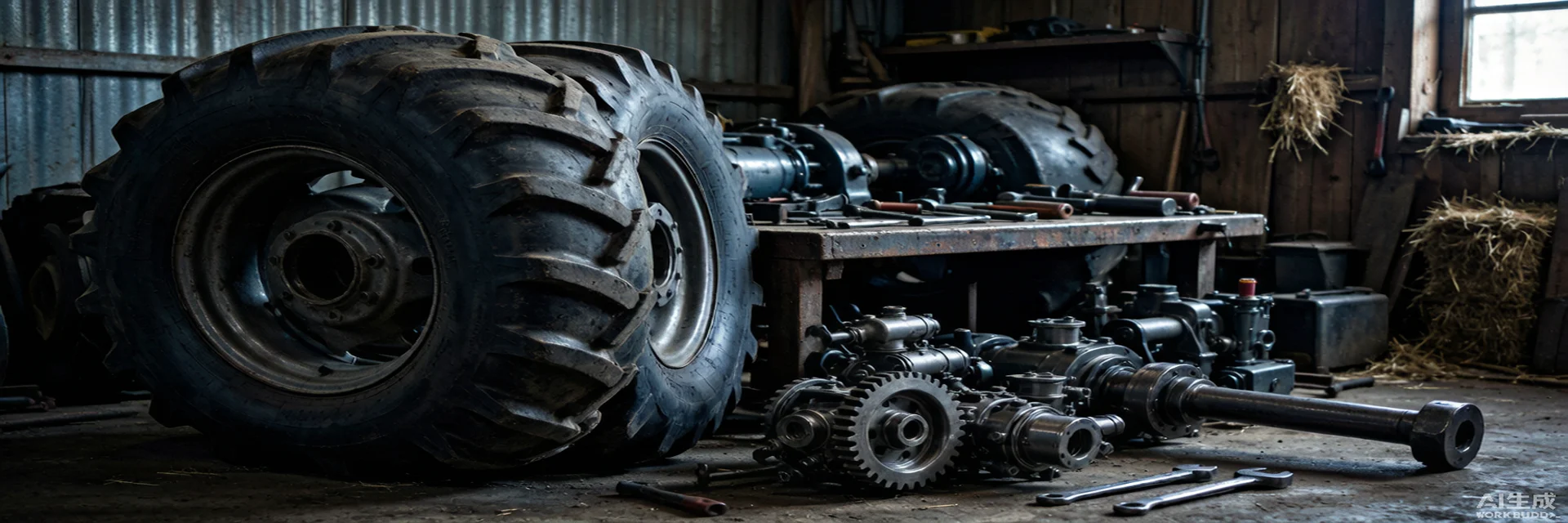 Neumáticos y piezas mecánicas de tractor en taller de reparación rural