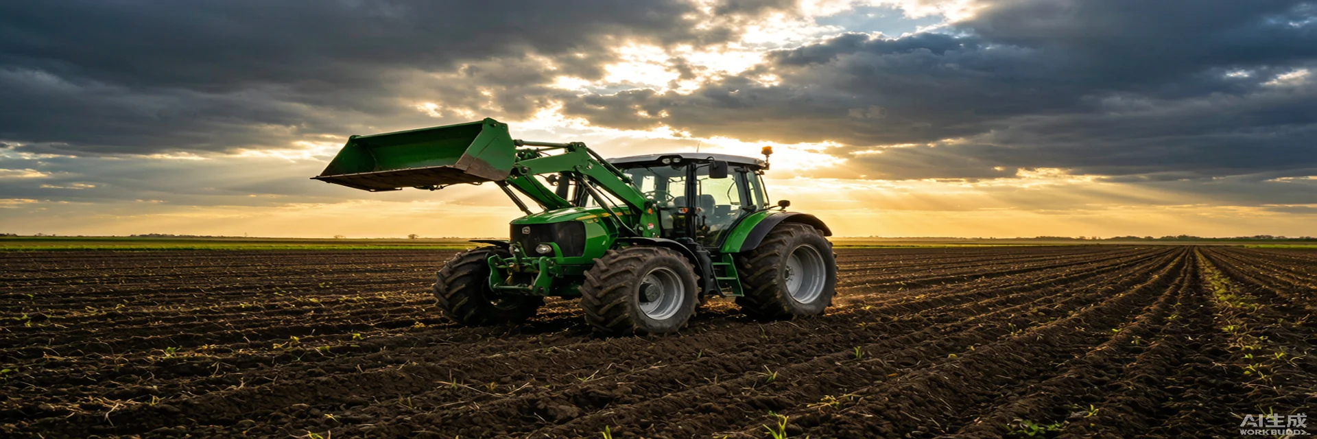 Tractor utilitario con cargador frontal en campo arado